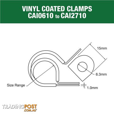 Vinyl Coated Hose   Cable Clamp 30mm (1 3/16?) Dia 20mm Band 12mm Hole 10pk SKU - CAI3013P