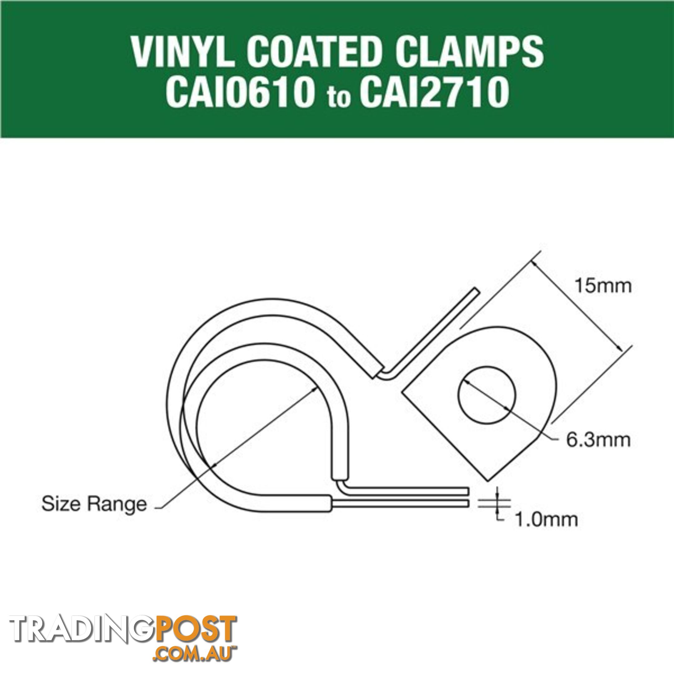 Vinyl Coated Hose   Cable Clamp 30mm (1 3/16?) Dia 20mm Band 12mm Hole 10pk SKU - CAI3013P