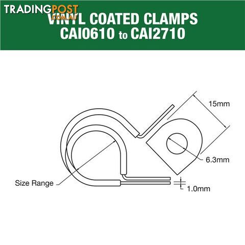 Vinyl Coated Hose   Cable Clamp 30mm (1 3/16?) Dia 20mm Band 12mm Hole 10pk SKU - CAI3013P