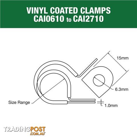 Vinyl Coated Hose   Cable Clamp 38mm (1 1/2?) Dia 20mm Band 12mm Hole 10pk SKU - CAI3813P
