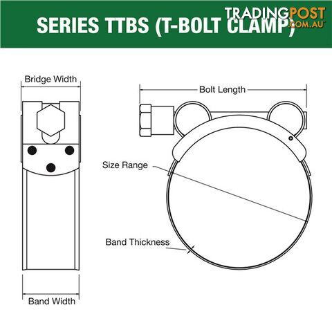 Tridon T-Bolt Hose Clamp 98mm â 103mm All Stainless Solid Band 10pk SKU - TTBS98-103P