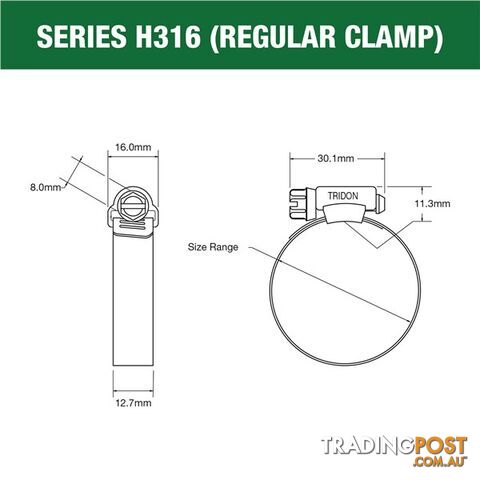 Tridon Full 316 S. Steel Hose Clamp 46mm â 70mm 10pk SKU - H316-036P