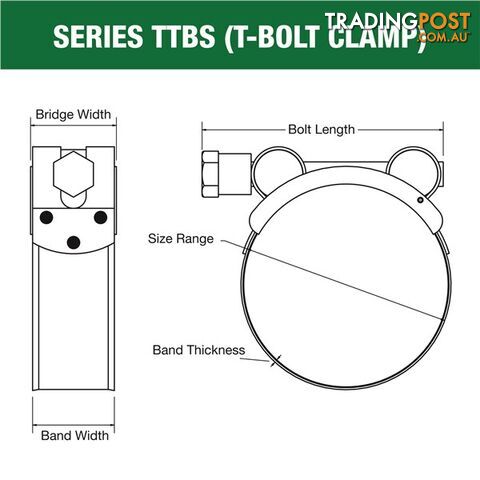 Tridon T-Bolt Hose Clamp 201mm â 213mm All Stainless Solid Band 5pk SKU - TTBS201-213P