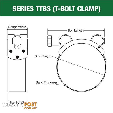 Tridon T-Bolt Hose Clamp 201mm â 213mm All Stainless Solid Band 5pk SKU - TTBS201-213P