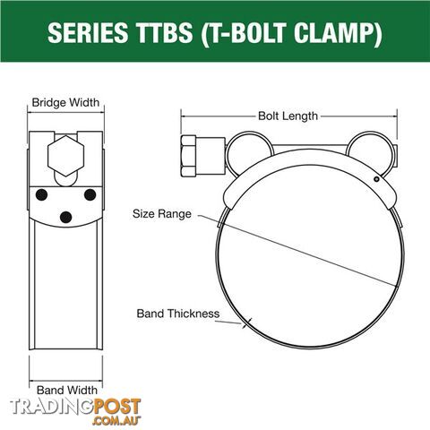 Tridon T-Bolt Hose Clamp 253mm â 265mm All Stainless Solid Band 5pk SKU - TTBS253-265P