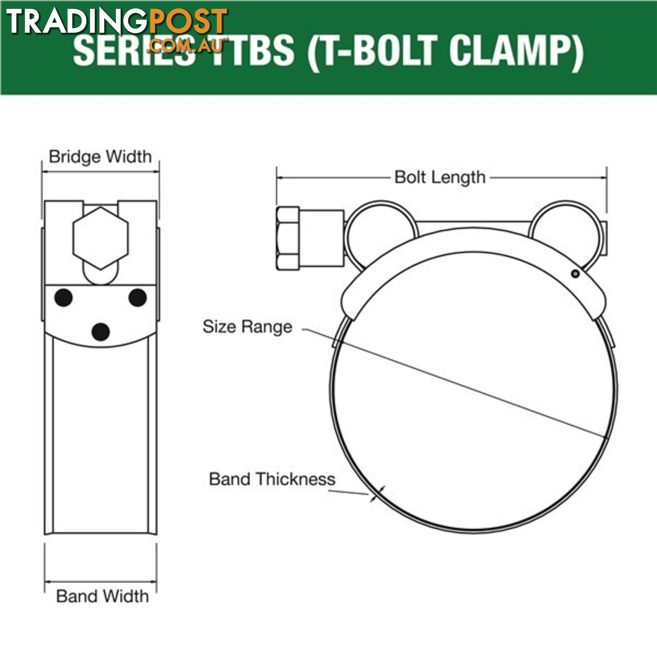 Tridon T-Bolt Hose Clamp 253mm â 265mm All Stainless Solid Band 5pk SKU - TTBS253-265P