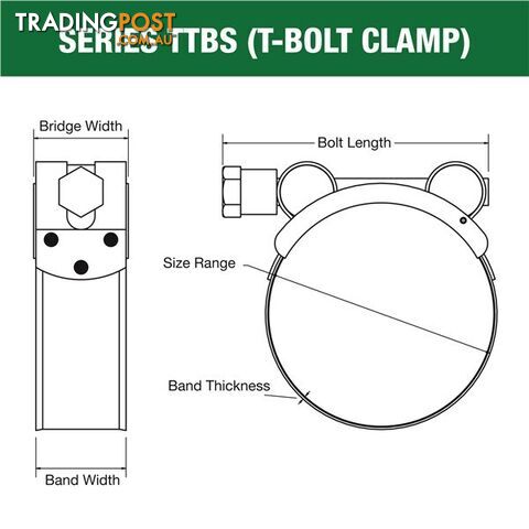 Tridon T-Bolt Hose Clamp 253mm â 265mm All Stainless Solid Band 5pk SKU - TTBS253-265P