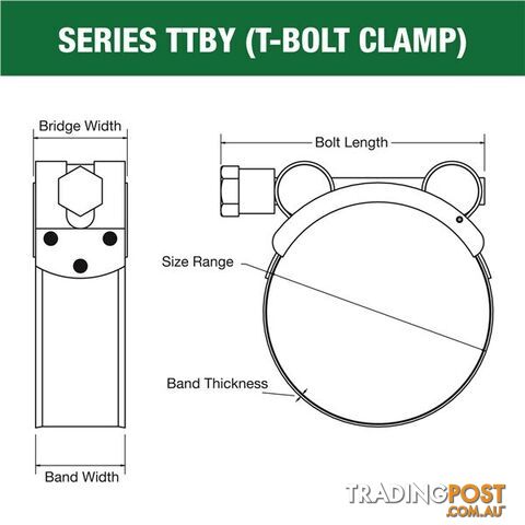 Tridon T-Bolt Hose Clamp 24mm â 26mm Part Stainless Solid Band 10pk SKU - TTBY24-26P