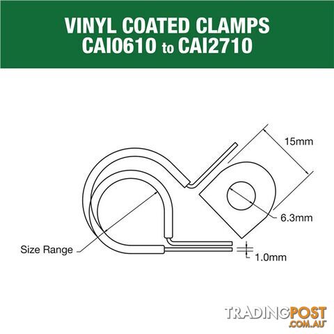 Vinyl Coated Hose   Cable Clamp 18mm (11/16?) Dia 15mm Band 6.3mm Hole 10pk SKU - CAI1810P