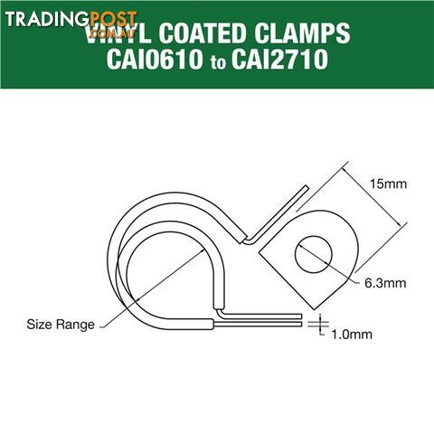 Vinyl Coated Hose   Cable Clamp 18mm (11/16?) Dia 15mm Band 6.3mm Hole 10pk SKU - CAI1810P