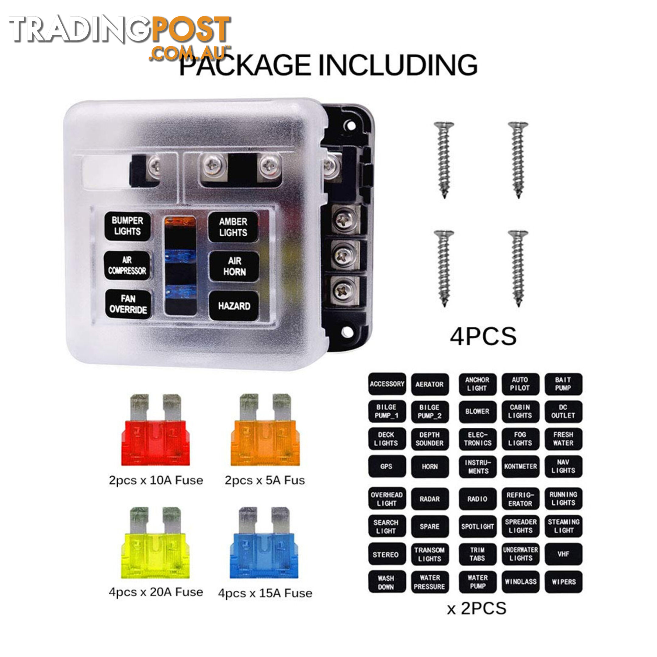 6 Fuse Block with LED Indicator and 12 fuses, 19pc, 12 volt,  2 x Label Sheets SKU - BB-202-06KWN