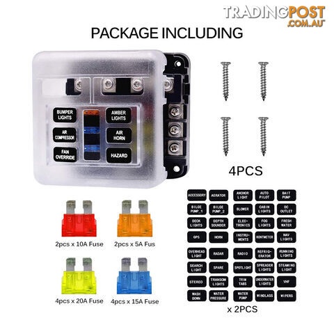 6 Fuse Block with LED Indicator and 12 fuses, 19pc, 12 volt,  2 x Label Sheets SKU - BB-202-06KWN