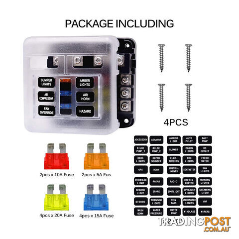 6 Fuse Block with LED Indicator and 12 fuses, 19pc, 12 volt,  2 x Label Sheets SKU - BB-202-06KWN