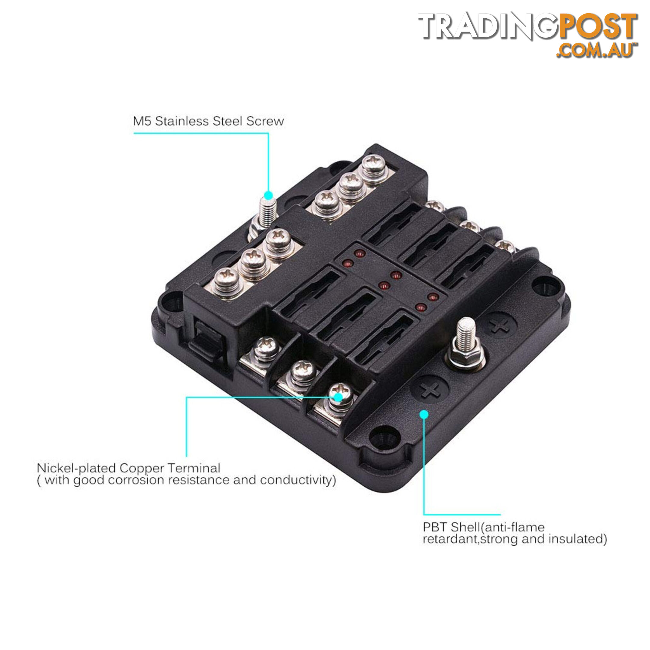 6 Fuse Block with LED Indicator and 12 fuses, 19pc, 12 volt,  2 x Label Sheets SKU - BB-202-06KWN