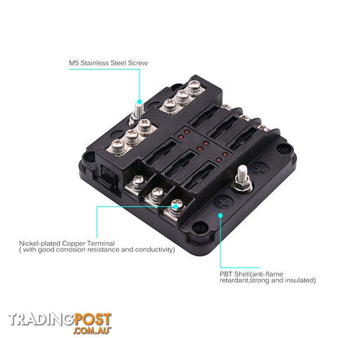 6 Fuse Block with LED Indicator and 12 fuses, 19pc, 12 volt,  2 x Label Sheets SKU - BB-202-06KWN