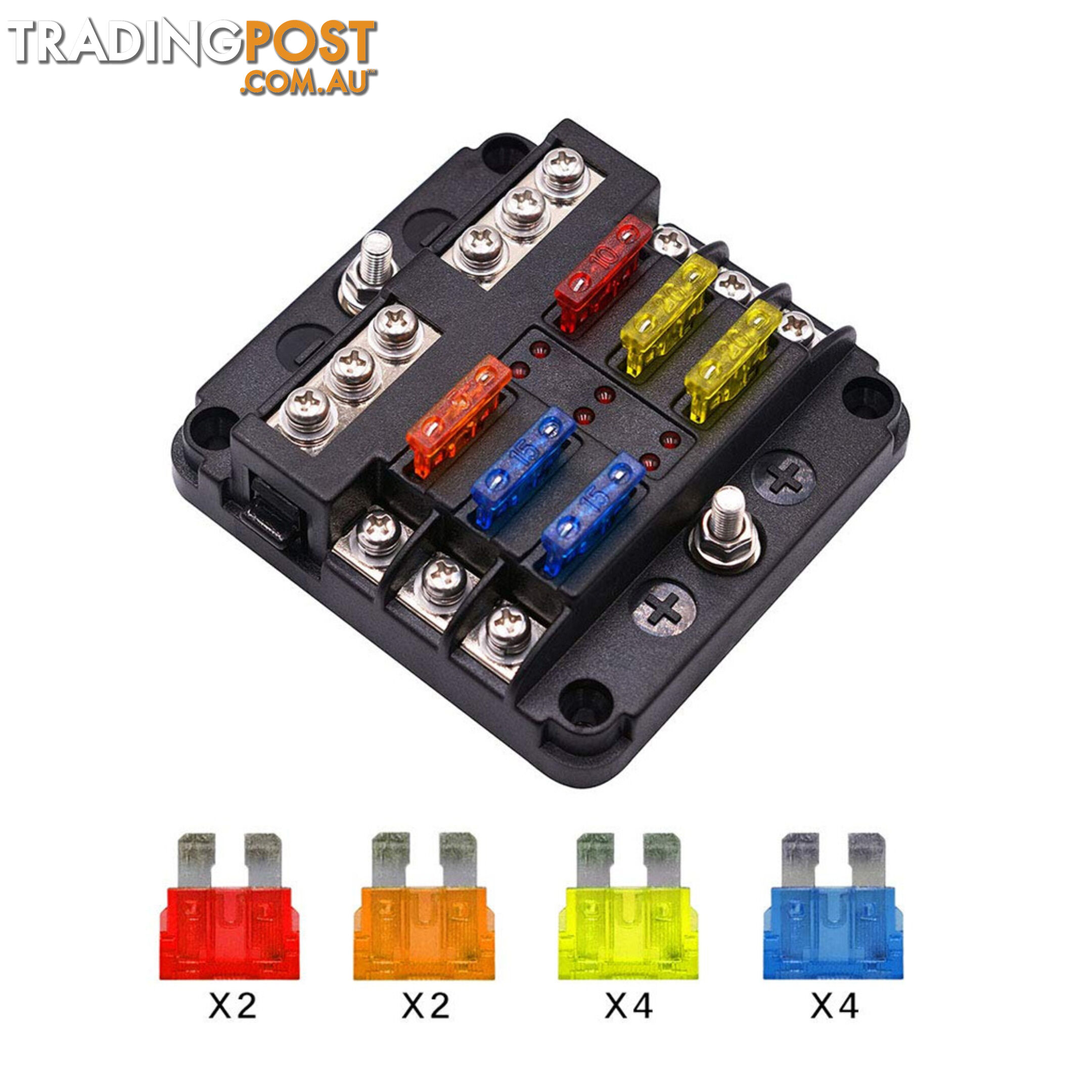 6 Fuse Block with LED Indicator and 12 fuses, 19pc, 12 volt,  2 x Label Sheets SKU - BB-202-06KWN