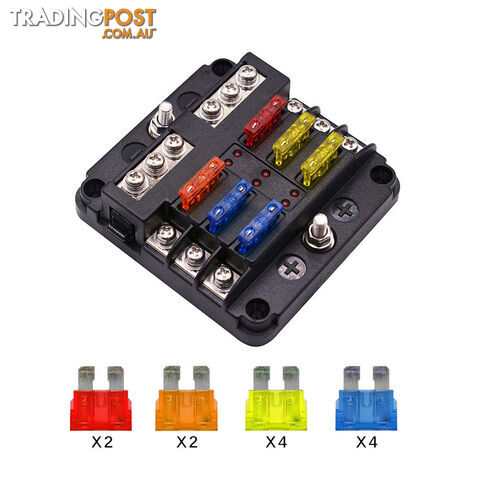 6 Fuse Block with LED Indicator and 12 fuses, 19pc, 12 volt,  2 x Label Sheets SKU - BB-202-06KWN