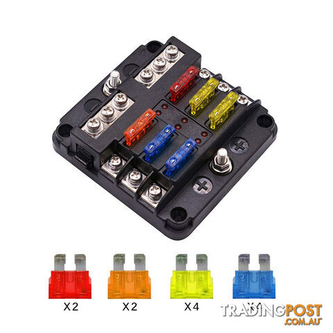6 Fuse Block with LED Indicator and 12 fuses, 19pc, 12 volt,  2 x Label Sheets SKU - BB-202-06KWN