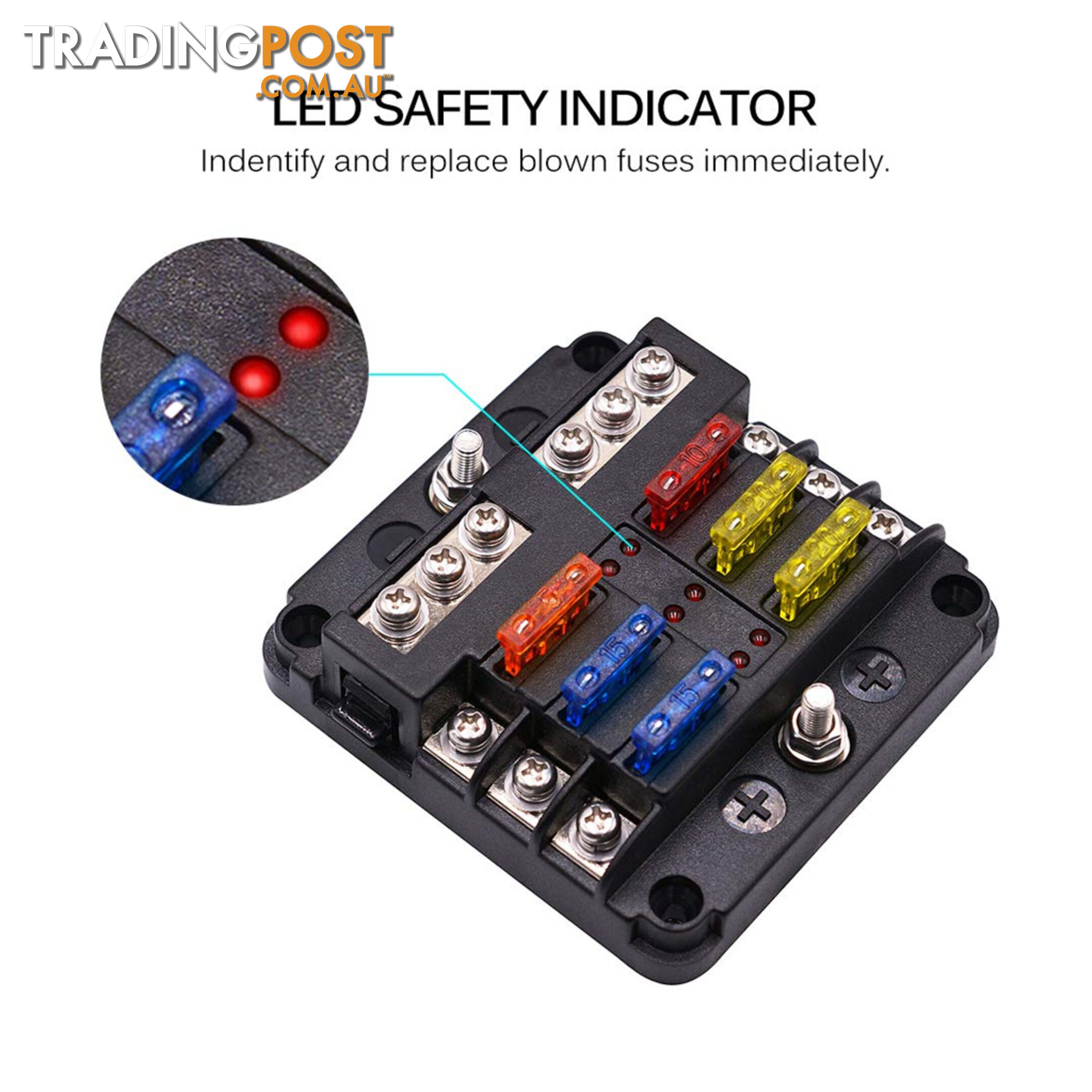 6 Fuse Block with LED Indicator and 12 fuses, 19pc, 12 volt,  2 x Label Sheets SKU - BB-202-06KWN