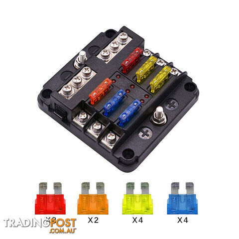 6 Fuse Block with LED Indicator and 12 fuses, 19pc, 12 volt,  2 x Label Sheets SKU - BB-202-06KWN