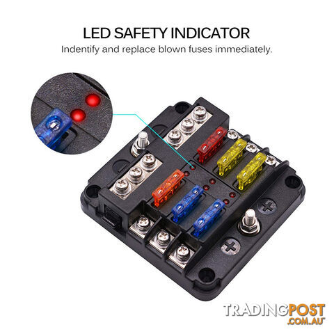 6 Fuse Block with LED Indicator and 12 fuses, 19pc, 12 volt,  2 x Label Sheets SKU - BB-202-06KWN