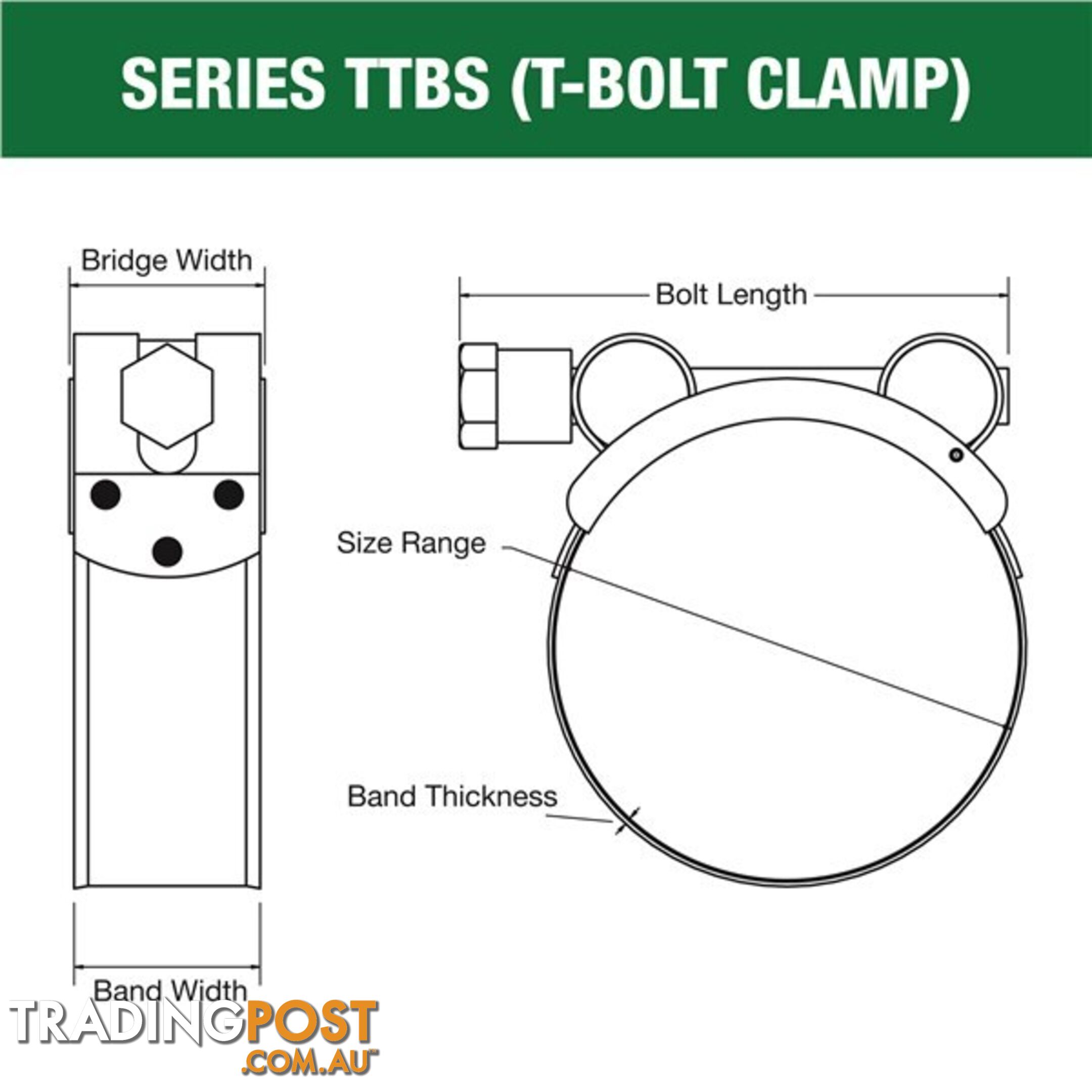 Tridon T-Bolt Hose Clamp 71mm â 76mm All Stainless Solid Band 10pk SKU - TTBS71-76P