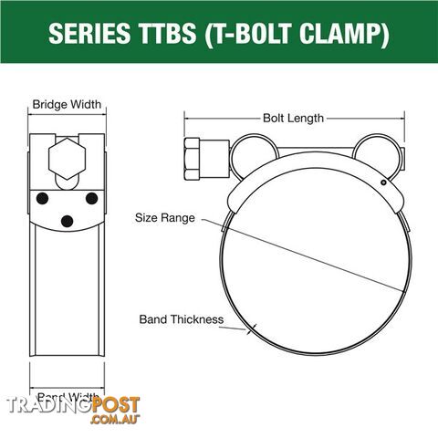 Tridon T-Bolt Hose Clamp 71mm â 76mm All Stainless Solid Band 10pk SKU - TTBS71-76P