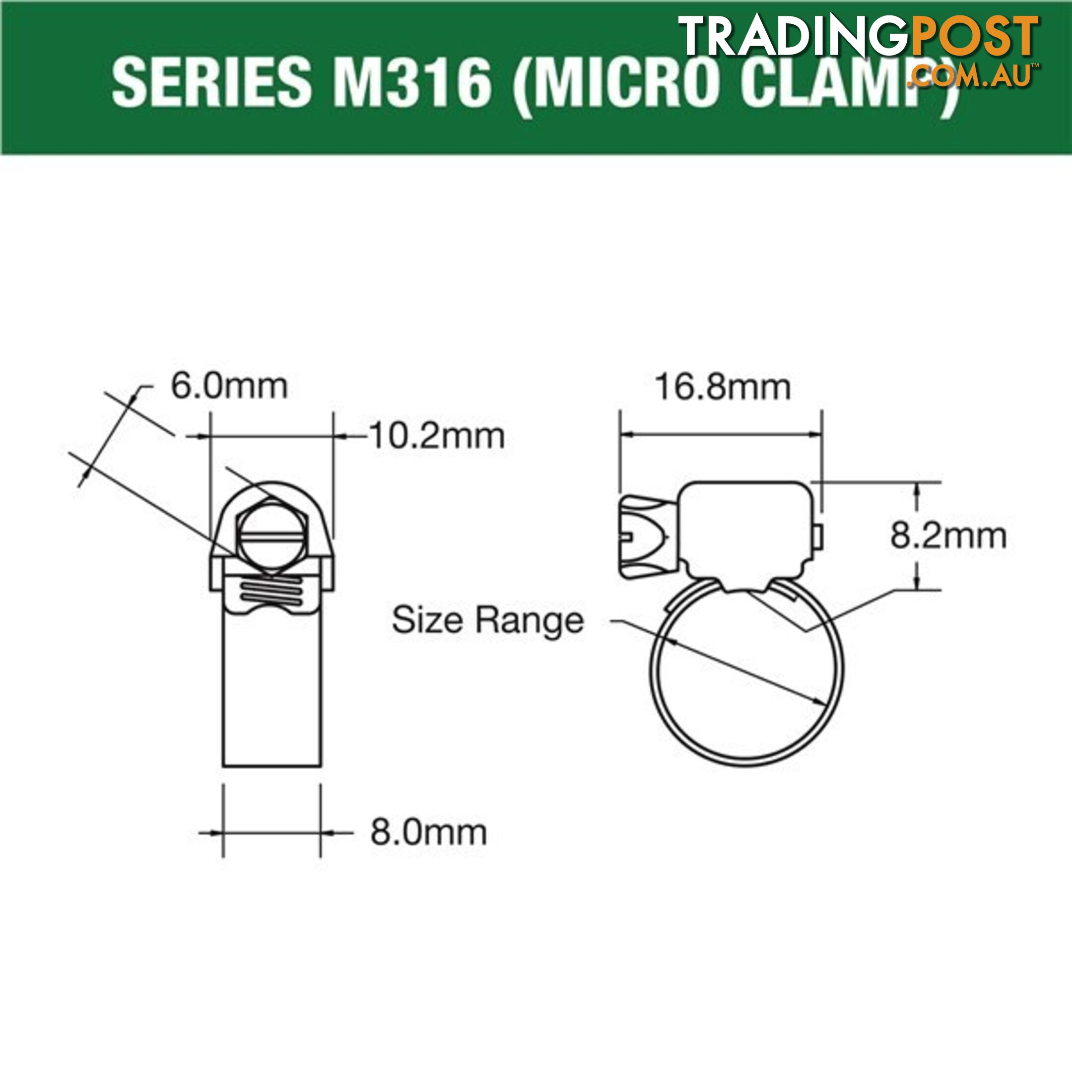 Tridon Full 316 S. Steel Micro Hose Clamp 17mm â 32mm 10pk SKU - M316-012P