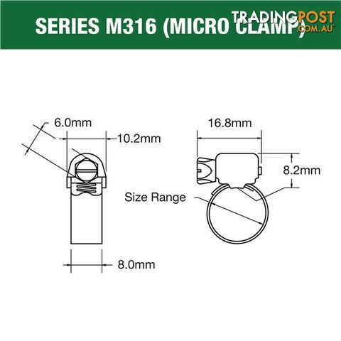 Tridon Full 316 S. Steel Micro Hose Clamp 17mm â 32mm 10pk SKU - M316-012P