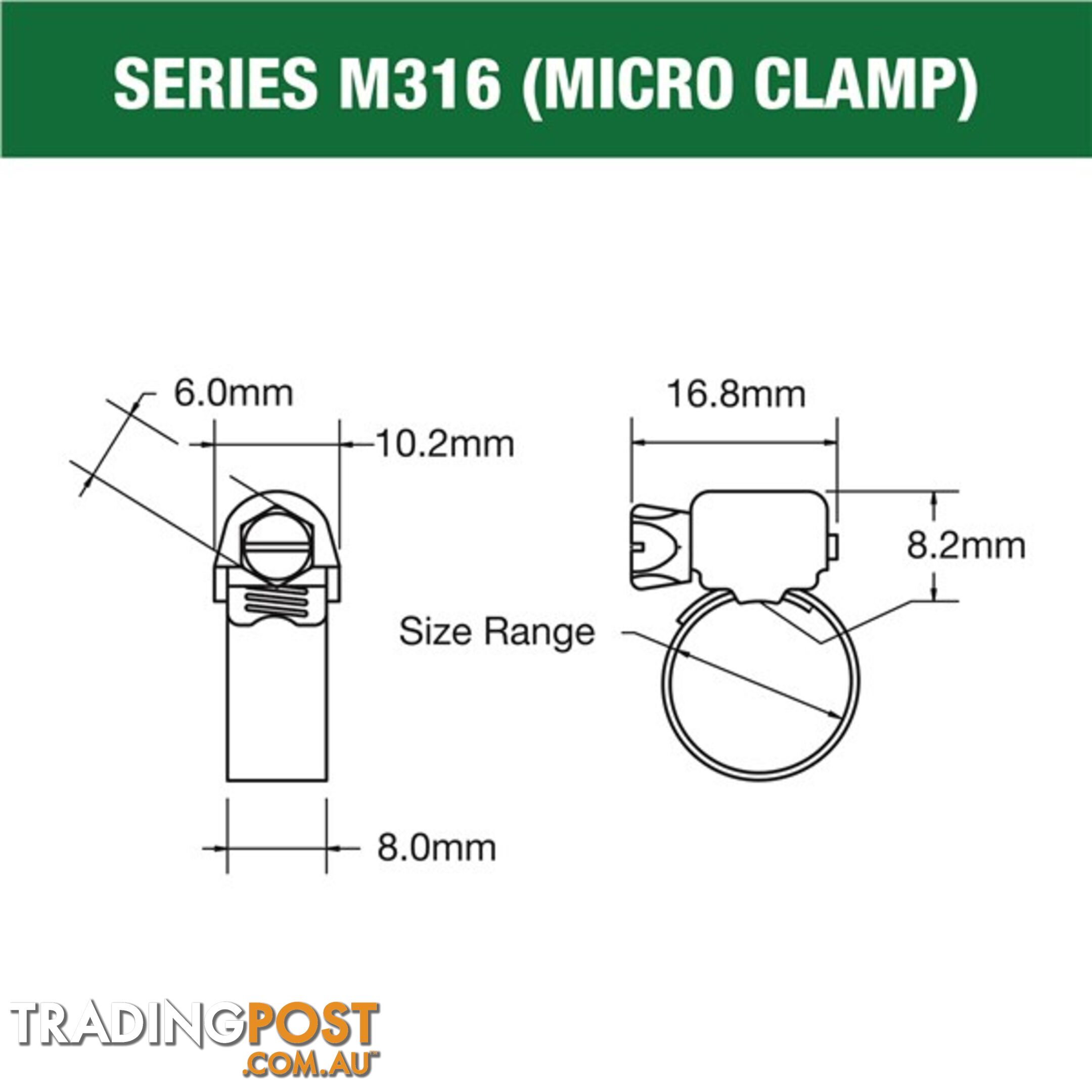 Tridon Full 316 S. Steel Micro Hose Clamp 17mm â 32mm 10pk SKU - M316-012P