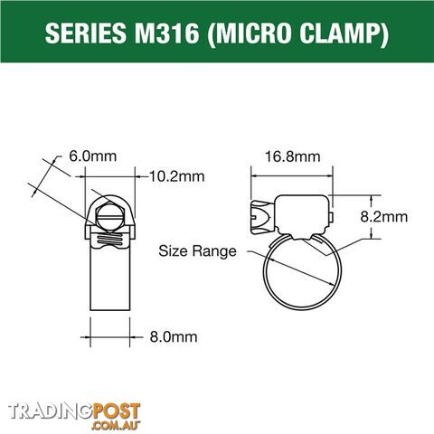 Tridon Full 316 S. Steel Micro Hose Clamp 17mm â 32mm 10pk SKU - M316-012P