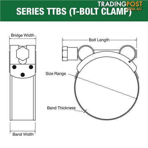 Tridon T-Bolt Hose Clamp 52mm â 55mm All Stainless Solid Band 10pk SKU - TTBS52-55P