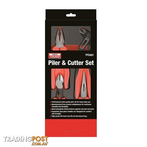 Toledo Plier   Cutter 4pc Set Combo, Diagonal, Long Nose, Multi Grip SKU - TPSA01