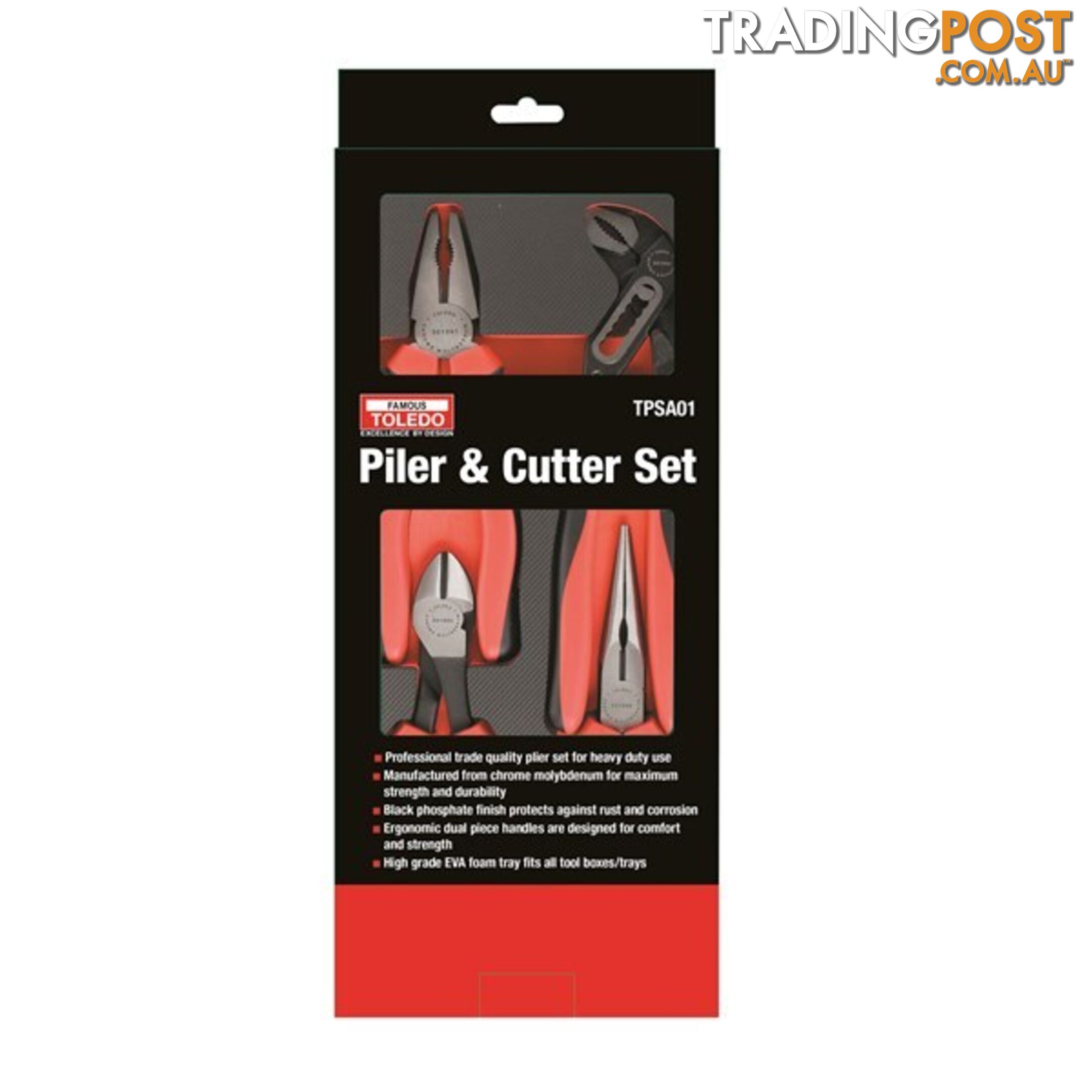 Toledo Plier   Cutter 4pc Set Combo, Diagonal, Long Nose, Multi Grip SKU - TPSA01