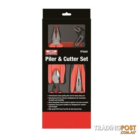 Toledo Plier   Cutter 4pc Set Combo, Diagonal, Long Nose, Multi Grip SKU - TPSA01