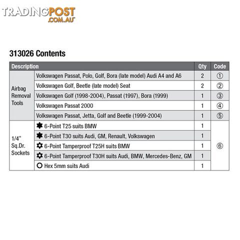 Toledo Air Bag Removal Kit SKU - 313026