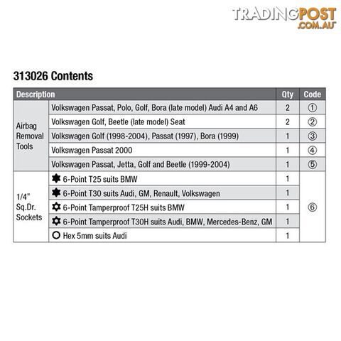 Toledo Air Bag Removal Kit SKU - 313026