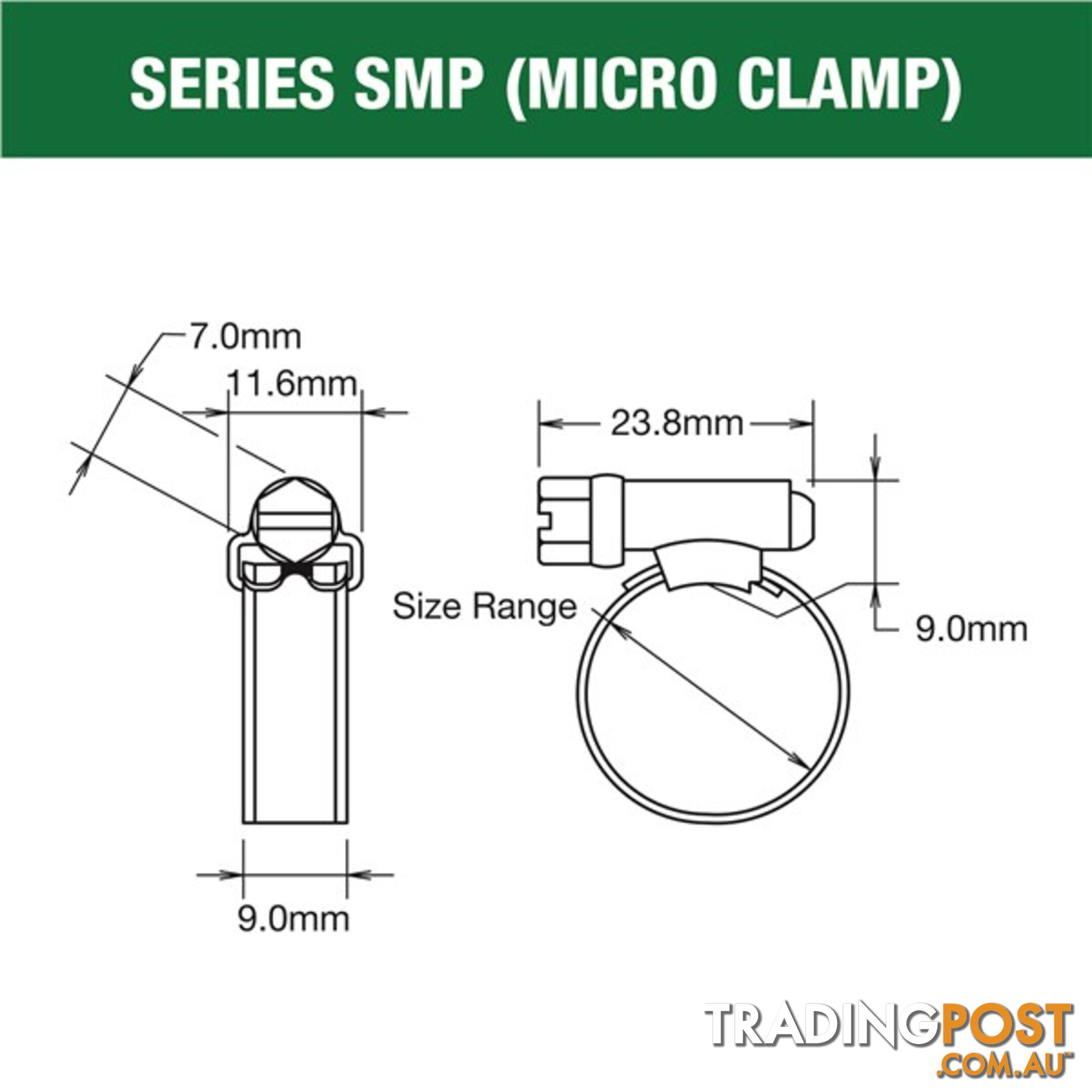 Tridon Hose Clamp 16mm â 27mm Micro (8mm wide) Solid Band Part Stainless 10pk SKU - SMP0P