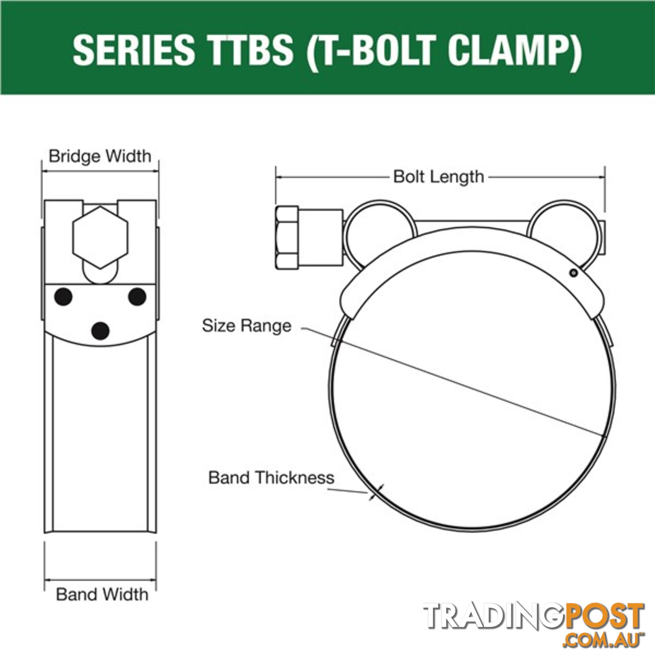 Tridon T-Bolt Hose Clamp All Stainless Solid Band 292mm â 304mm 5pk SKU - TTBS292-304P