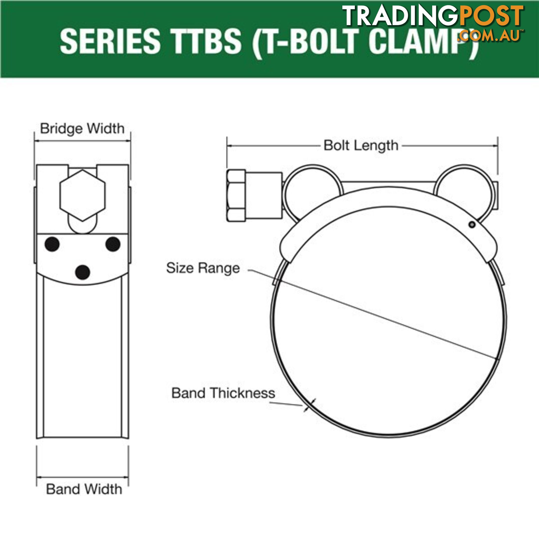 Tridon T-Bolt Hose Clamp All Stainless Solid Band 292mm â 304mm 5pk SKU - TTBS292-304P