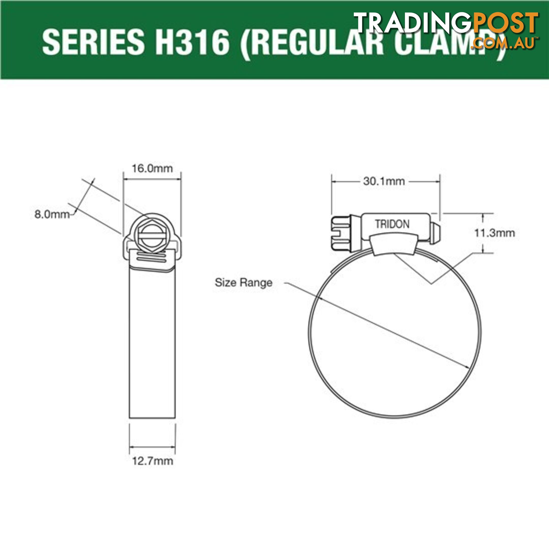 Tridon Full 316 S. Steel Hose Clamp 13mm â 25mm 10pk SKU - H316-008P