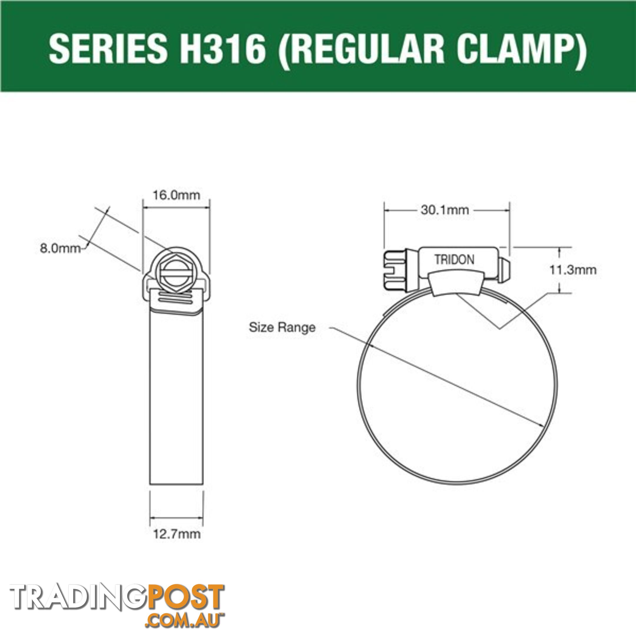 Tridon Full 316 S. Steel Hose Clamp 33mm â 57mm 10pk SKU - H316-028P