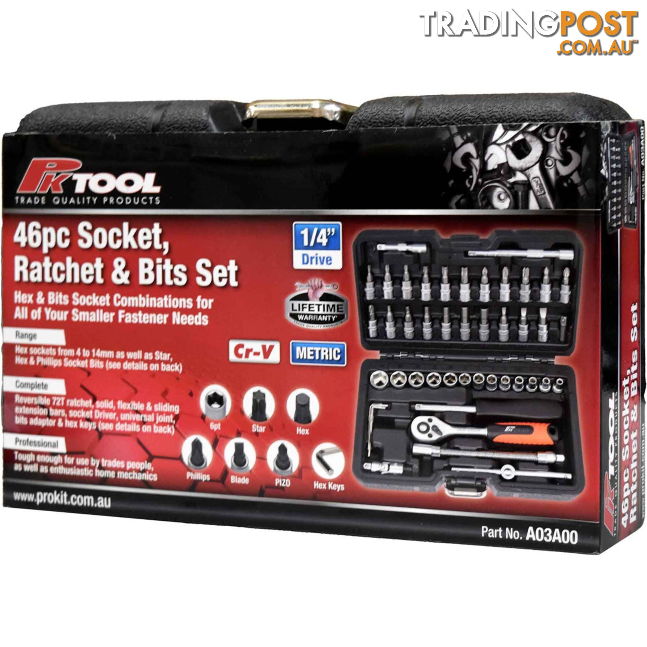 PK Tools 1/4 "dr Socket, Ratchet and Bits 46pc Set SKU - A03A00