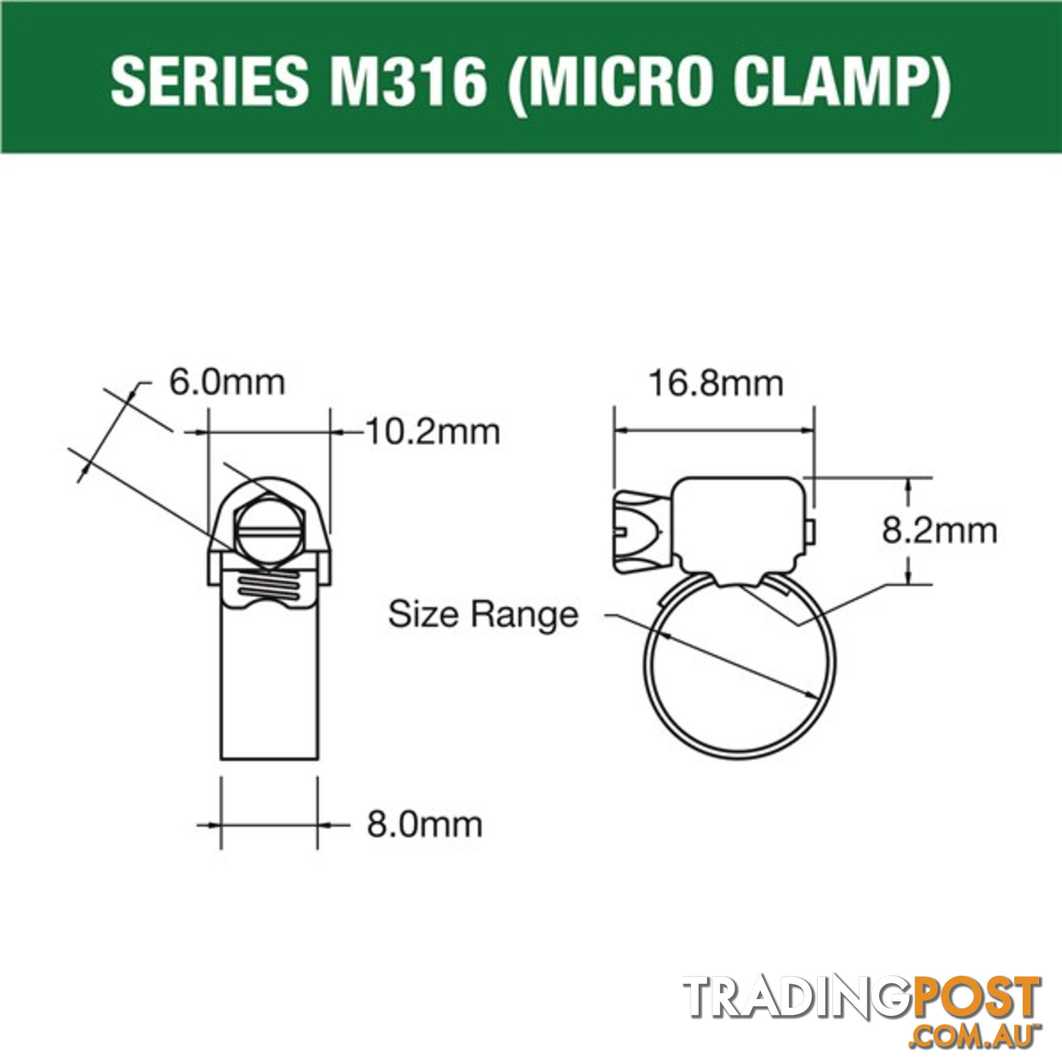 Tridon Full 316 S. Steel Micro Hose Clamp 22mm â 45mm 10pk SKU - M316-020P