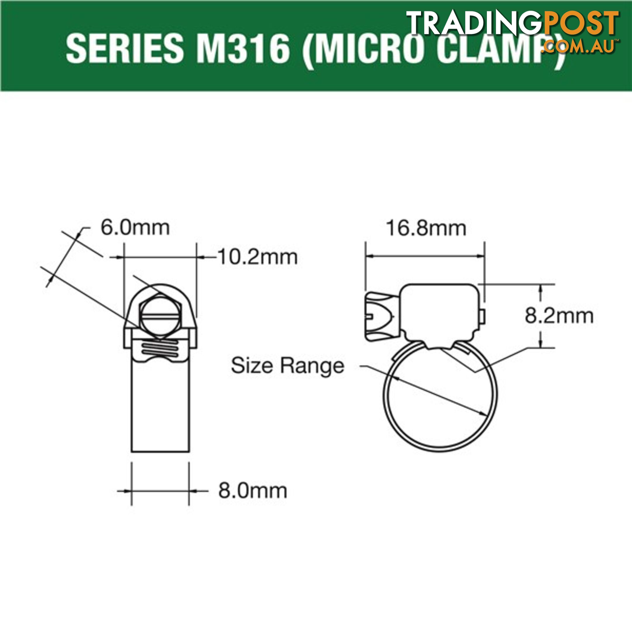 Tridon Full 316 S. Steel Micro Hose Clamp 11mm â 22mm 10pk SKU - M316-006P