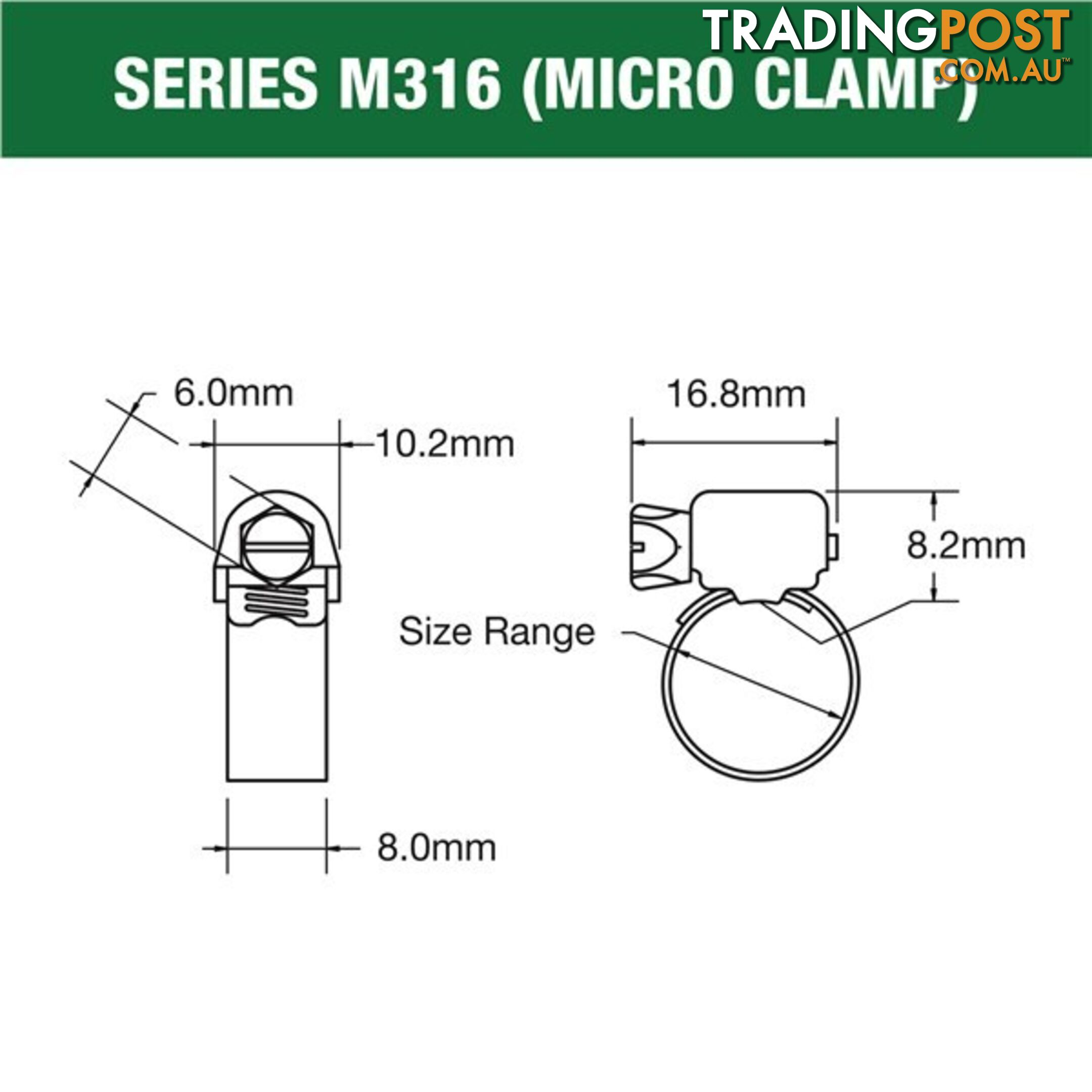 Tridon Full 316 S. Steel Micro Hose Clamp 11mm â 22mm 10pk SKU - M316-006P