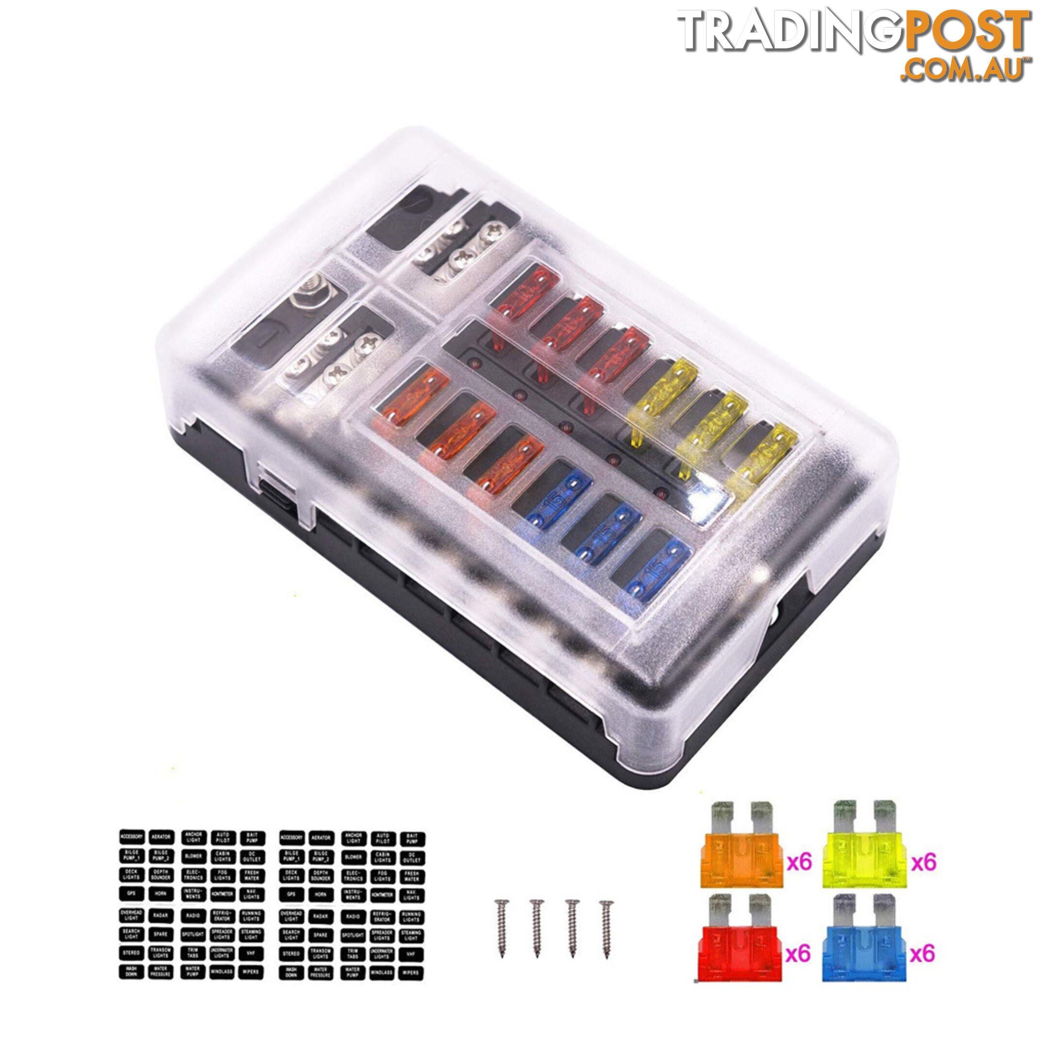 12 Fuse Block with LED Indicator and 24 fuses, 12 volt, 31pc,  2 x Label Sheet SKU - BB-202-12KWN