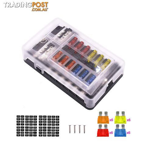 12 Fuse Block with LED Indicator and 24 fuses, 12 volt, 31pc,  2 x Label Sheet SKU - BB-202-12KWN