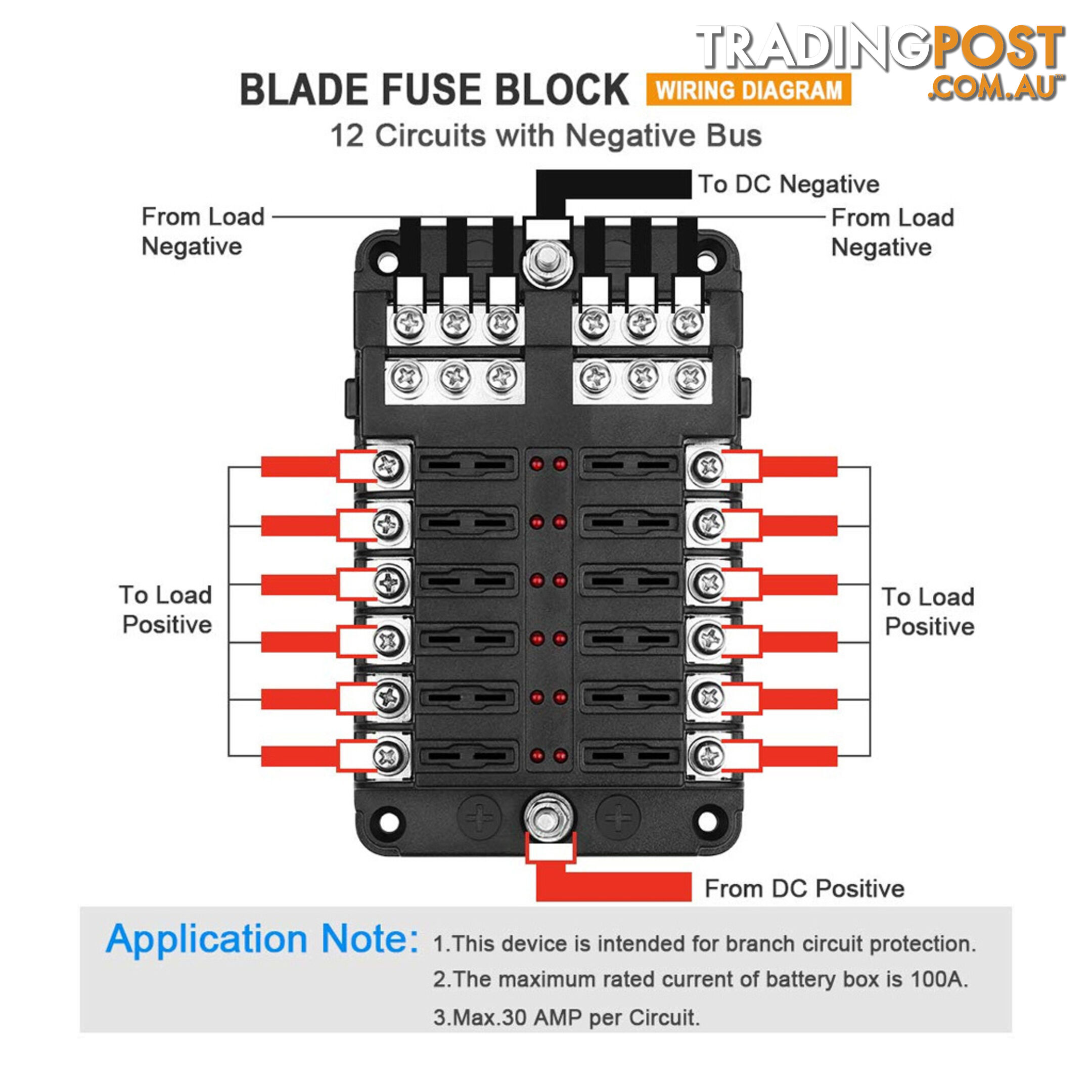 12 Fuse Block with LED Indicator and 24 fuses, 12 volt, 31pc,  2 x Label Sheet SKU - BB-202-12KWN