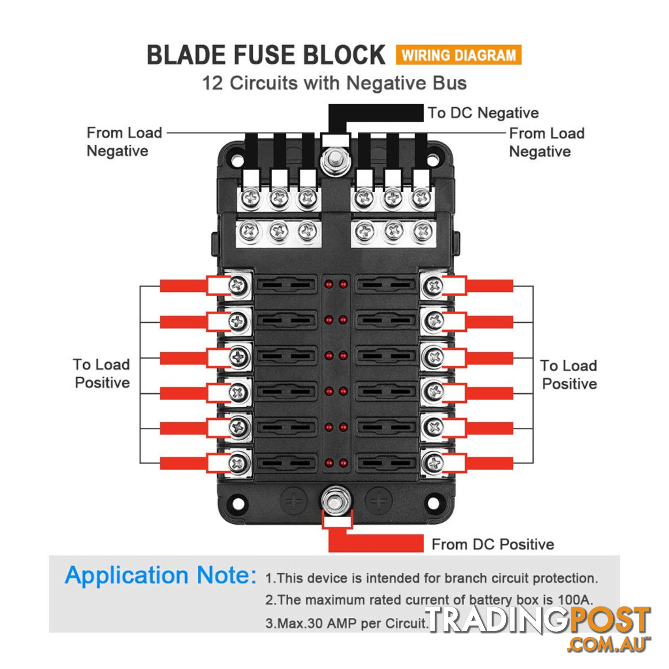 12 Fuse Block with LED Indicator and 24 fuses, 12 volt, 31pc,  2 x Label Sheet SKU - BB-202-12KWN